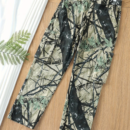 Plus size women's high stretch camo print cargo jeans with button fly and multiple pockets, featuring relaxed fit and stylish design.