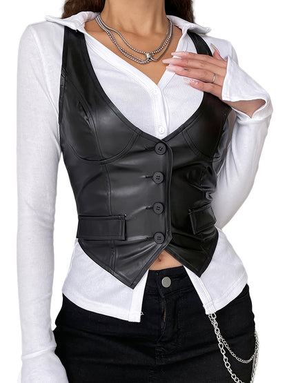 Chaleco sin mangas con botones para mujer, top corto, chaqueta de cuero sintético con cuello en V sexy