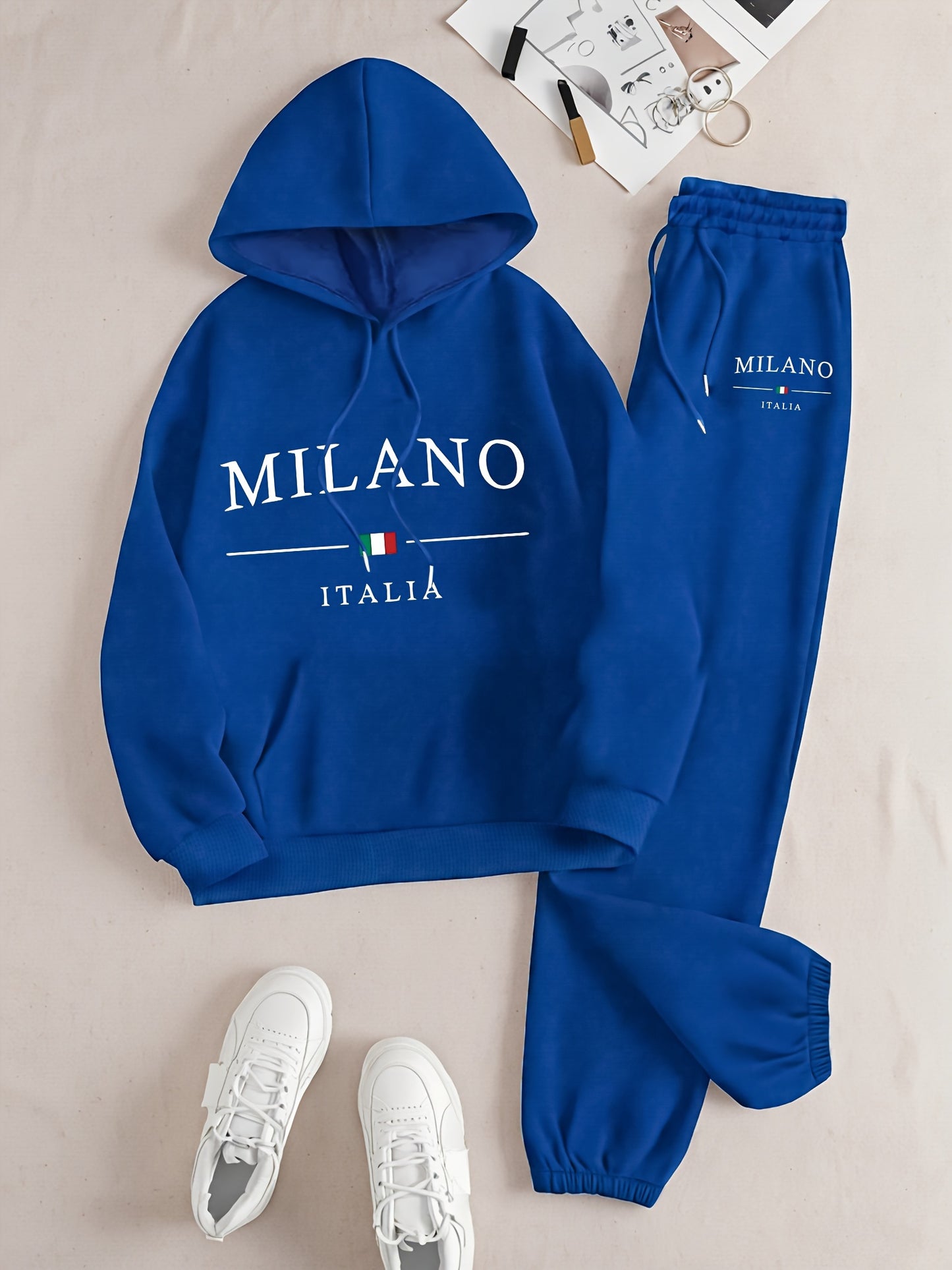 1 juego de sudadera y pantalón deportivo informal para mujer con temática de Milán, Italia, jersey de manga larga con capucha, estampado de dibujos animados, tejido de punto de poliéster, bolsillos, para otoño/invierno