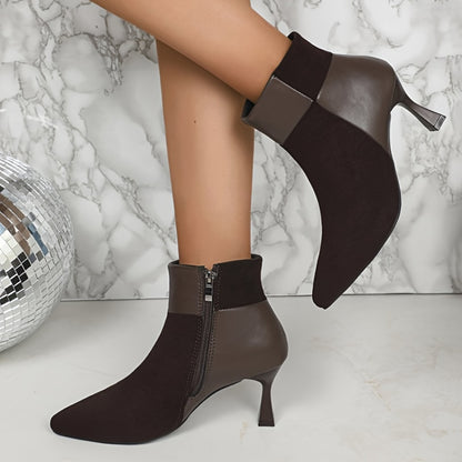 Botines elegantes de tacón de aguja marrón para mujer: zapatos de vestir de punta puntiaguda y tacón alto con cremallera lateral para uso diario y ocasiones especiales