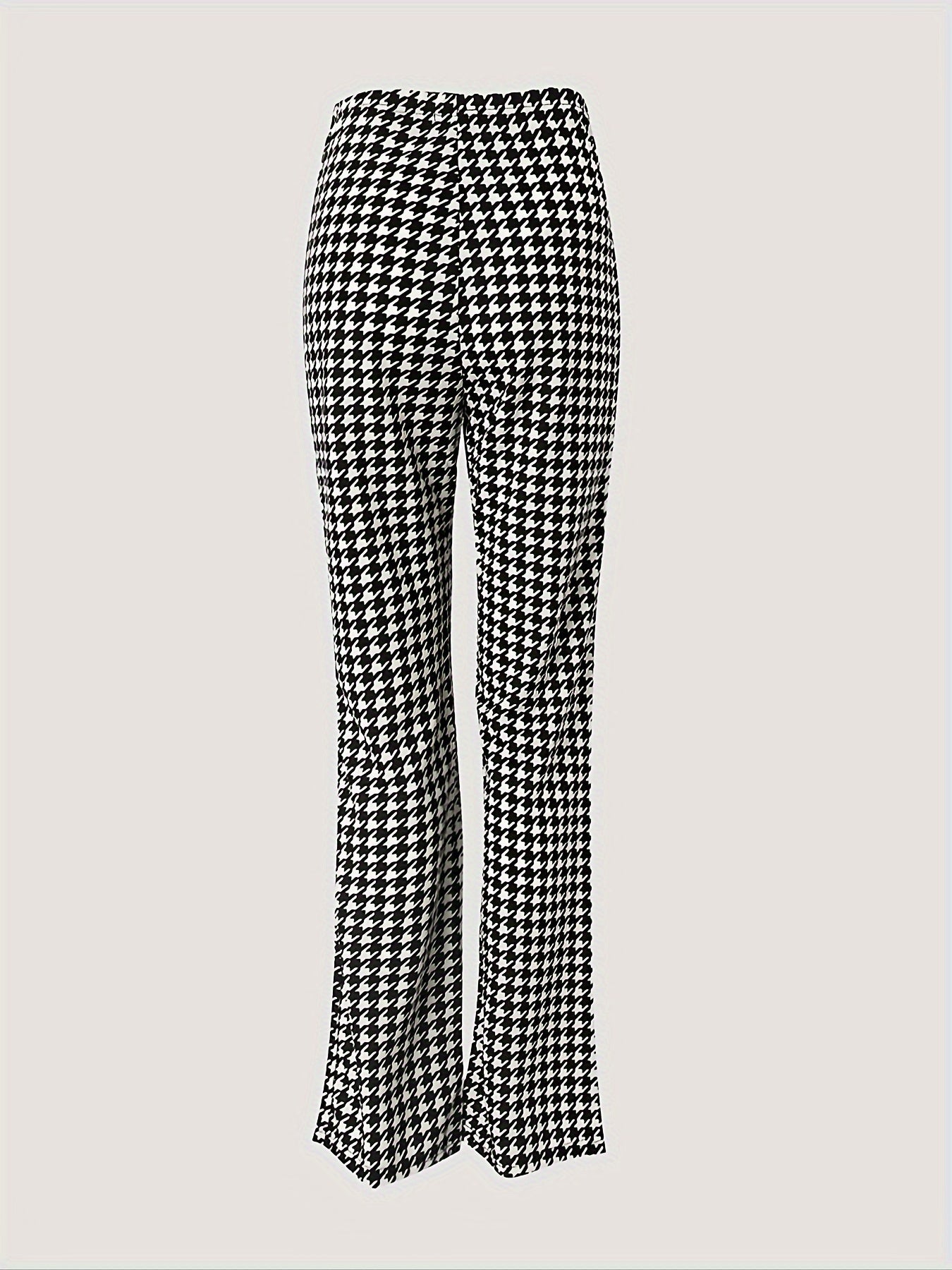 Elegant Women's Houndstooth Print Flare Leg Pants, Button Forbidden, Classic Style