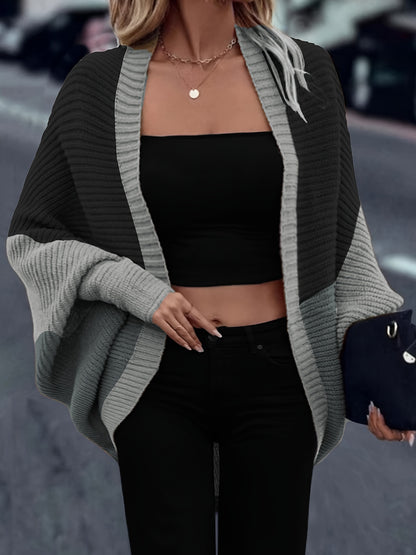 Chic Color Block Knit Cardigan - Soft Open Front Batwing Sweater