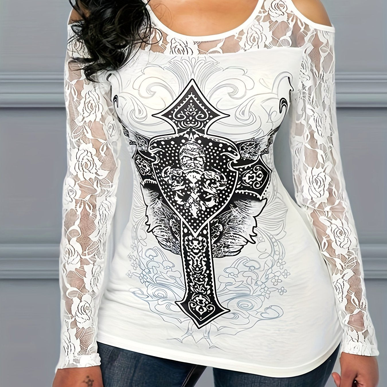 Plus Size Goth T-shirt, Women's Plus Graphic Print Contrast Lace Cut Out Long Sleeve Round Neck Top