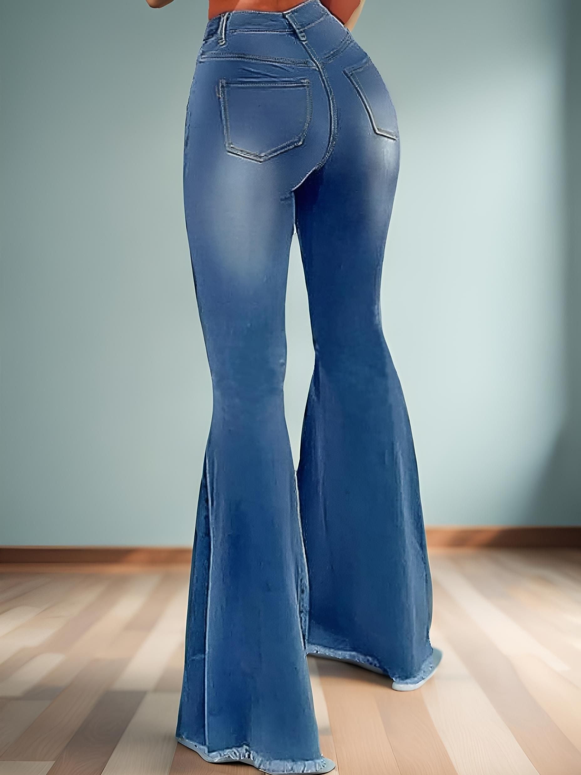 High-Waist Flared Jeans for Women - Elegant Ripped Detail, Frayed Hem - LuxyXO