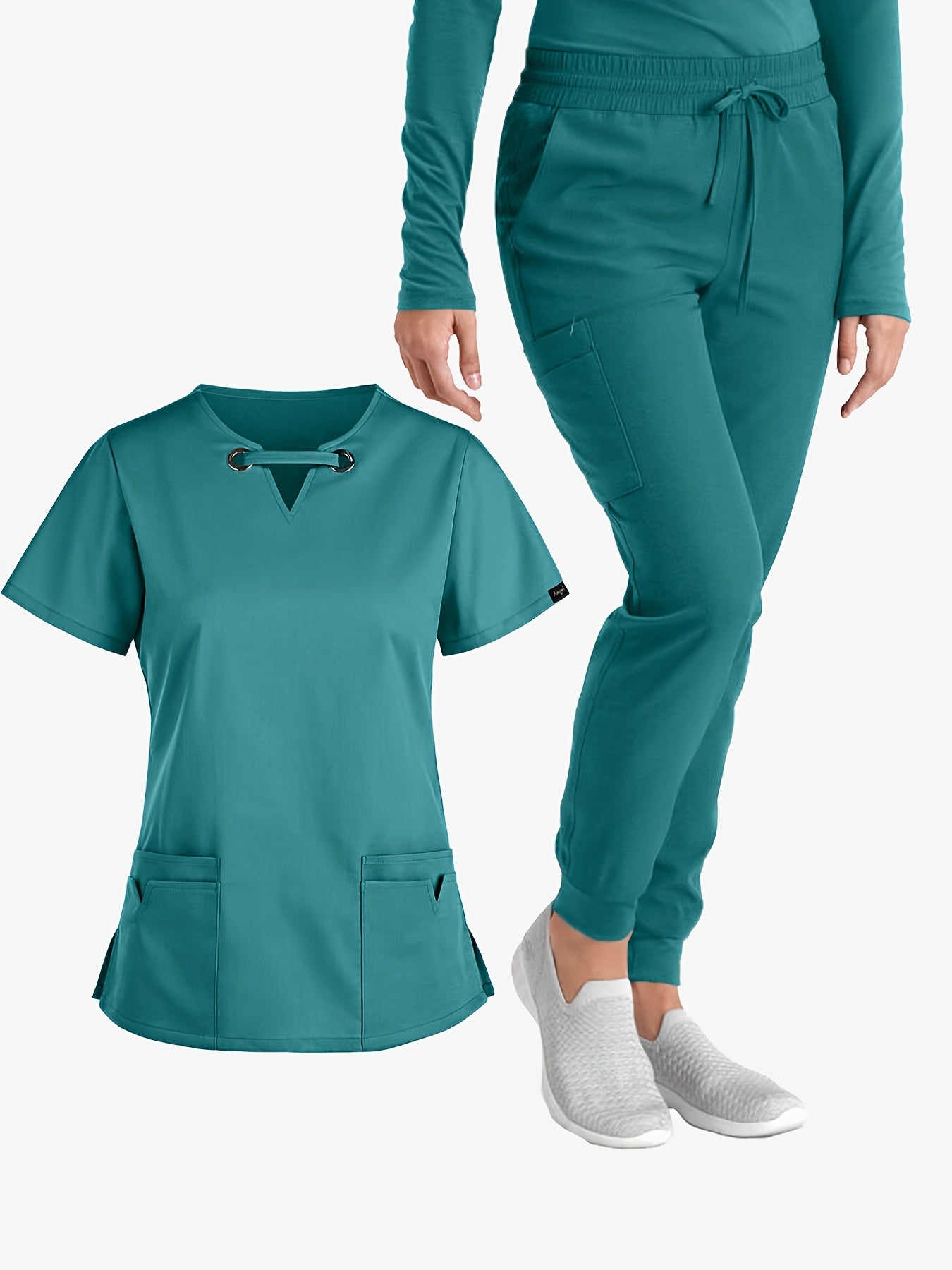 Stylish Solid Two-Piece Scrub Set - Women's Medical Uniform, Elegant V-Neck Short Sleeve Top & Drawstring Pants Outfit with Comfortable Fabric for Healthcare Professionals - Easy Care, Breathable, and Relaxed Fit