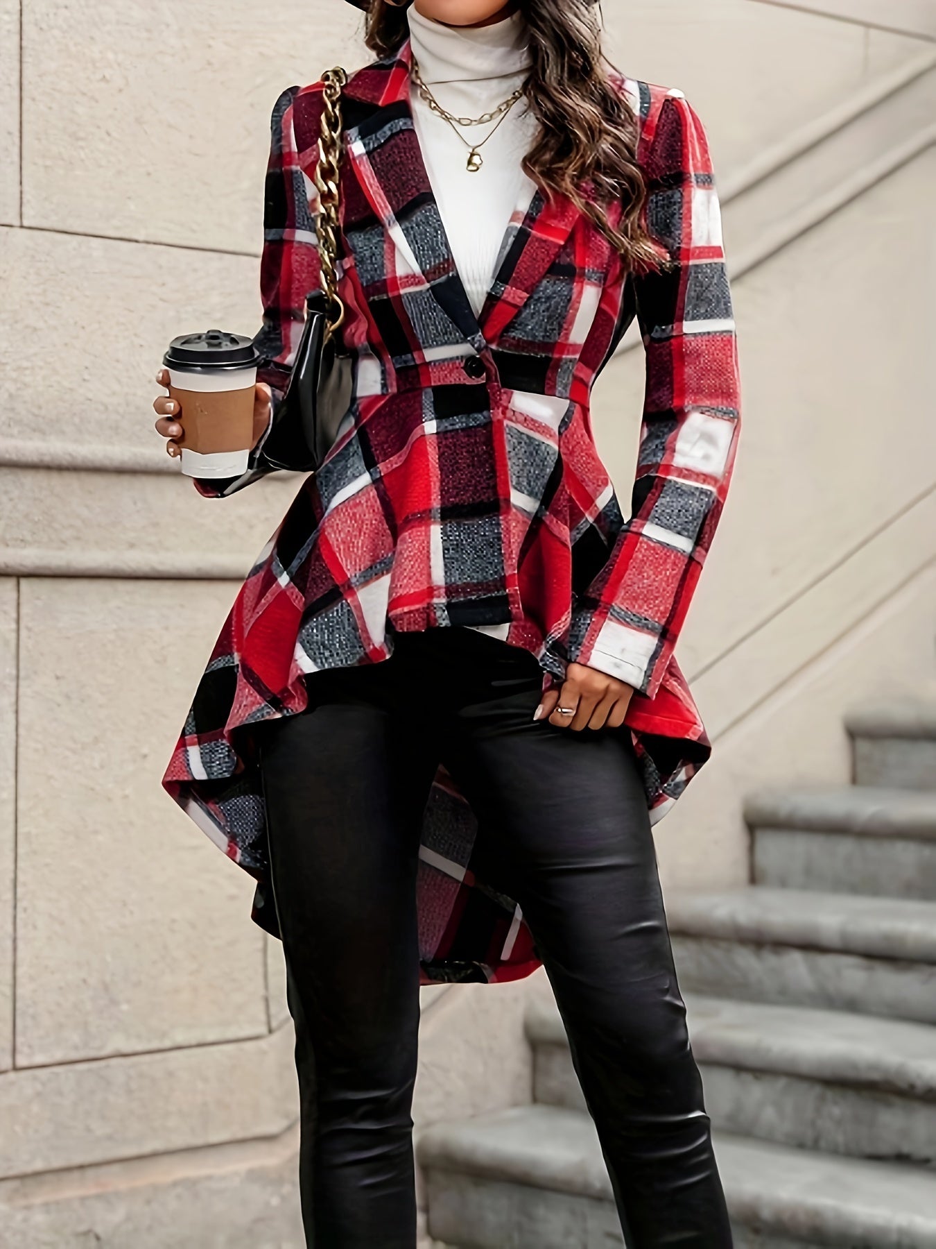 1pc Elegant Plaid Lapel Jacket for Women, Long Sleeve Asymmetrical Flare Coat, Casual Polyester Color Block Woven Outerwear for Fall/Winter