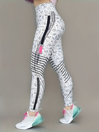 Leggings ajustados con estampado integral, leggings elásticos casuales de cintura alta, ropa para mujer