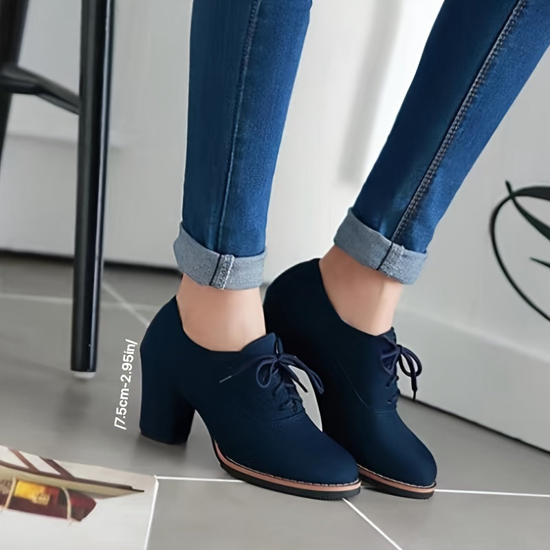 Comfy Chic Lace-Up Pumps - Solid Color, Round Toe, Chunky Heels, Breathable, Soft Insoles, Easy Slip-On Design, All-Match Office Shoes for Women