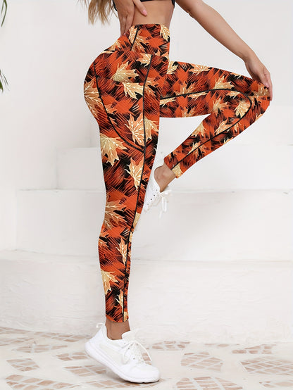 Women's High Waist Yoga Leggings With Pockets, Maple Leaf Print Workout Pants - All Season Fitness Tights