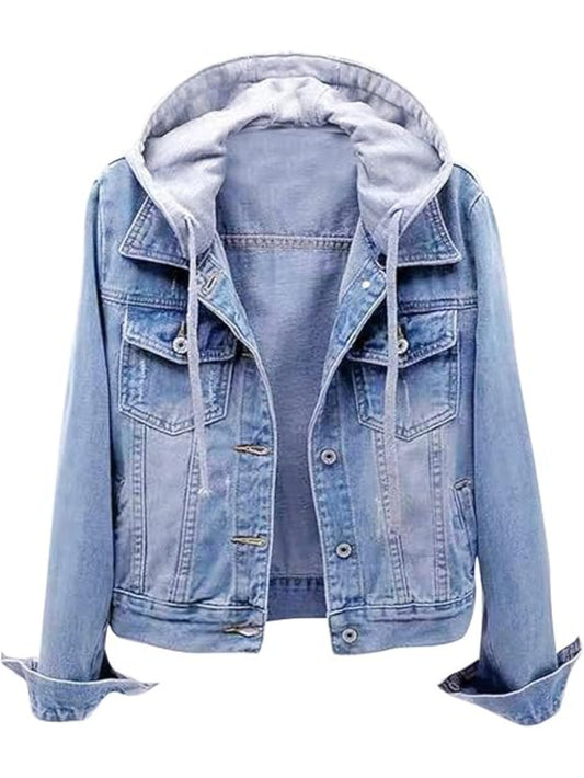 Women's Casual Denim Jacket with Detachable Hood - Button-Down, Fleece Lined for Warmth, Cotton Blend