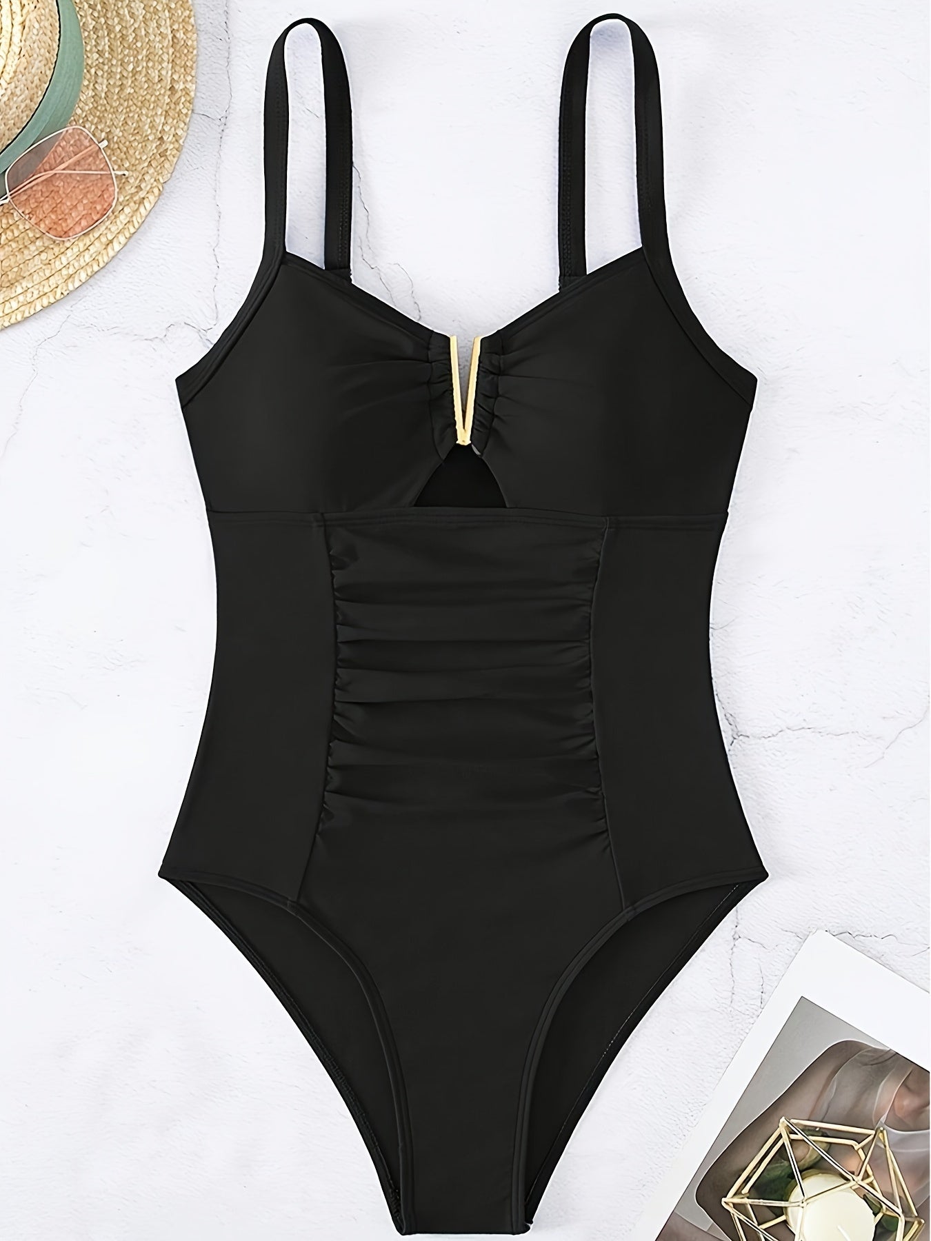 V-Notch Slimming One-piece Swimsuit, Hollow Out High Cut Bathing Suits -  Nylon & Spandex