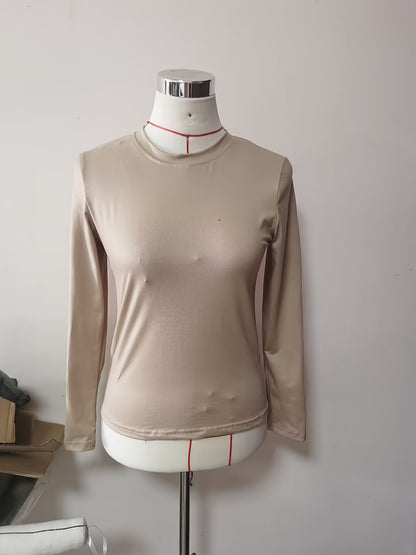 Top de yoga con cuello redondo y mangas largas de color liso, muy elástico, largo normal, semitransparente, estilo básico, camiseta informal versátil para mujer, ideal para las estaciones de primavera y otoño