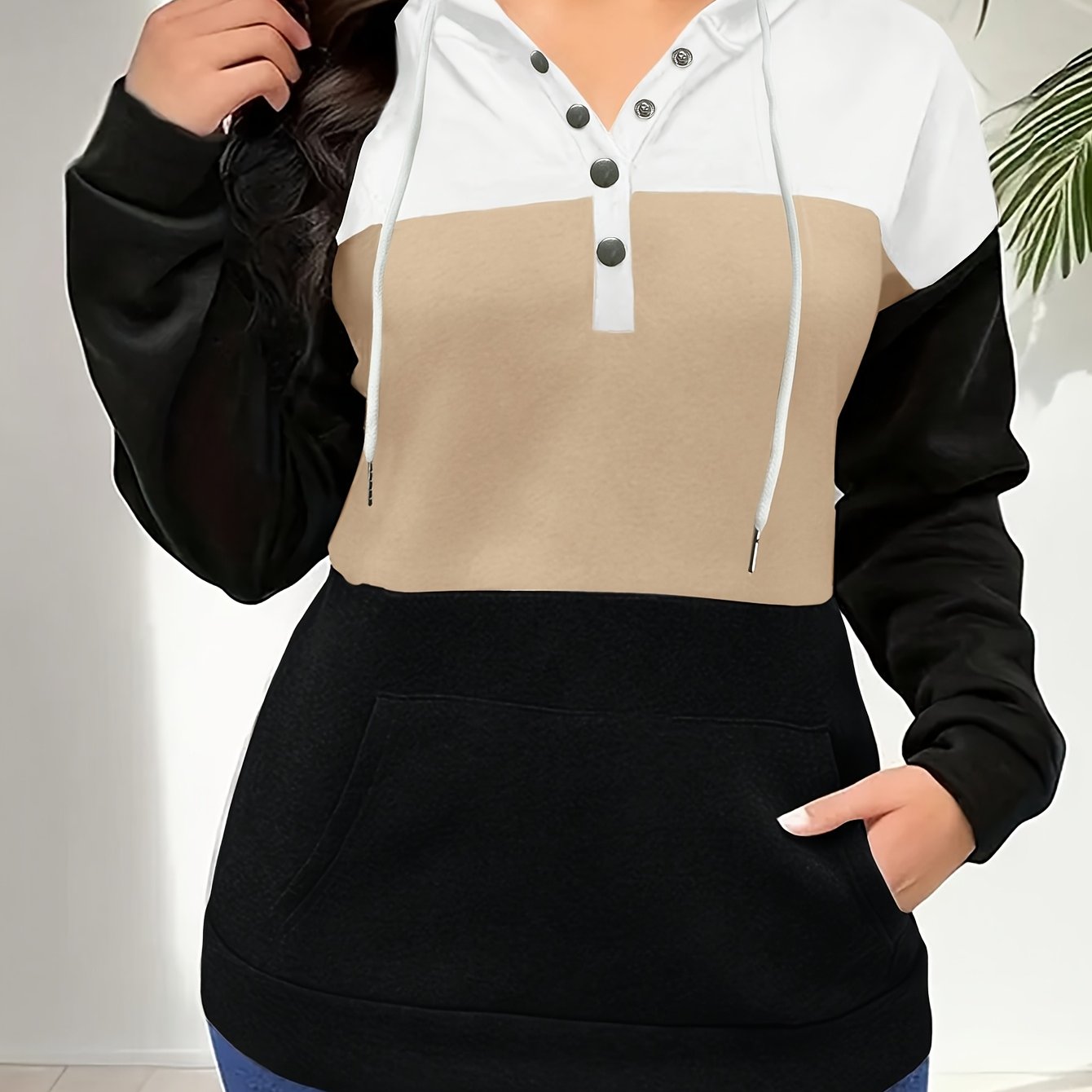 Casual Color Block Hoodie with Button Detail - Long Sleeve, Drawstring